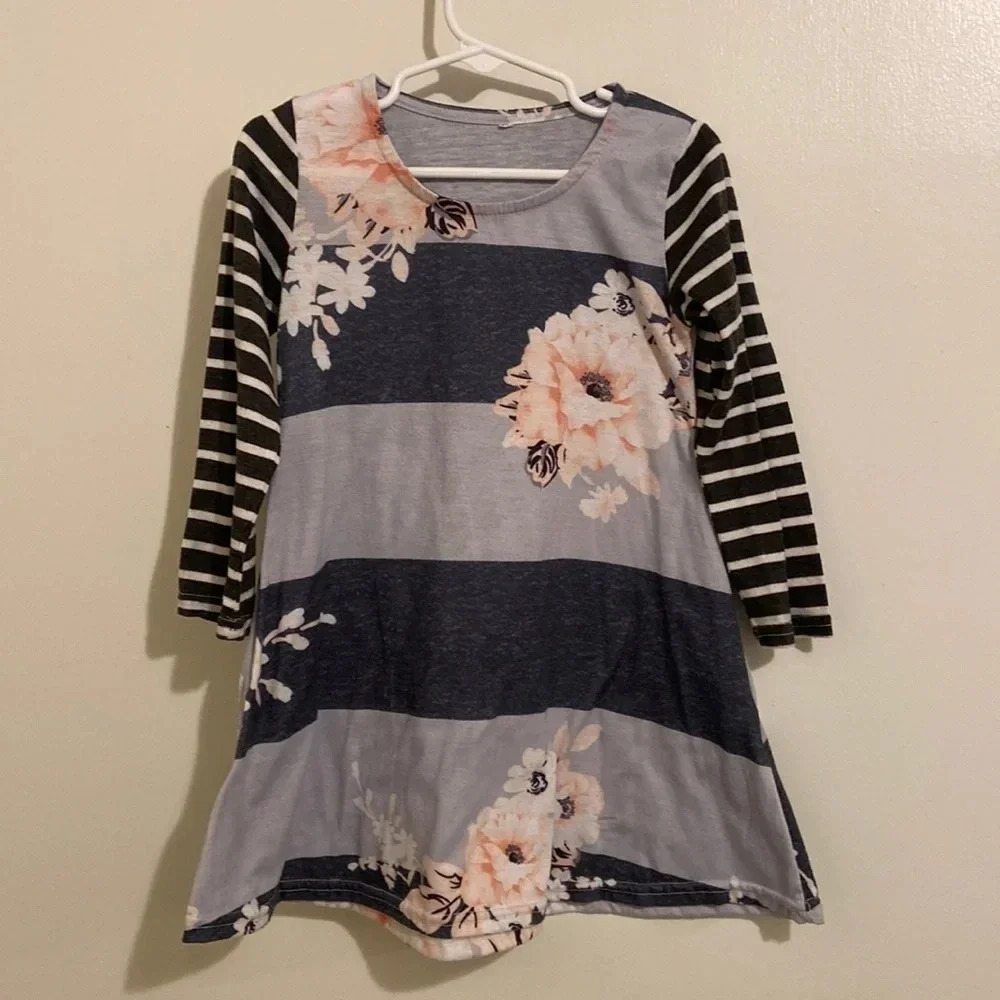Girls dress size medium, gray striped floral long sleeve